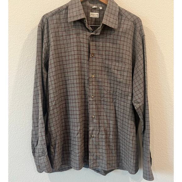 Lorenzo Uomo Mens Red/Gray Grid Plaid Cotton Button Up Shirt Holiday | Size XL - Picture 2 of 6